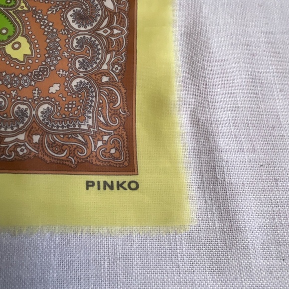 Pinko Italy Silk  Brown Green Yellow Paisley Print Signed Scarf 24”x25”NEW - Picture 3 of 8